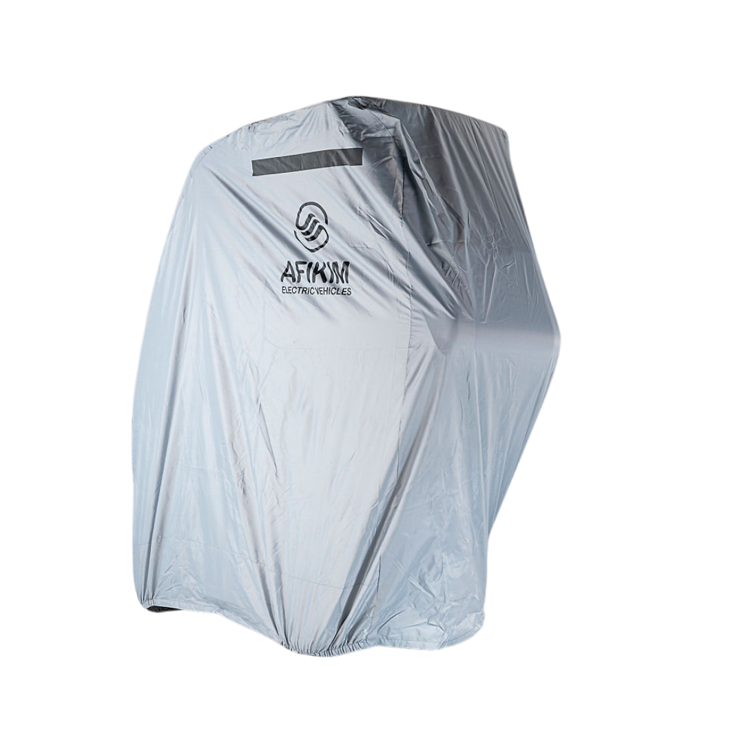 A silver bike cover with a leading electric vehicle manufacturers logo envelops a bike from the side. Customize your cover to perfectly match Afikim Electric Vehicle Accessories, enhancing its aesthetic appeal.